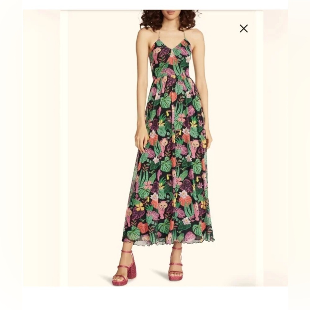Betsy Johnson Paulina maxi mesh halter dress tropical jungle M - Picture 3 of 6